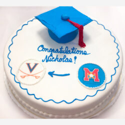 Graduation cake with cap and scans of school logos